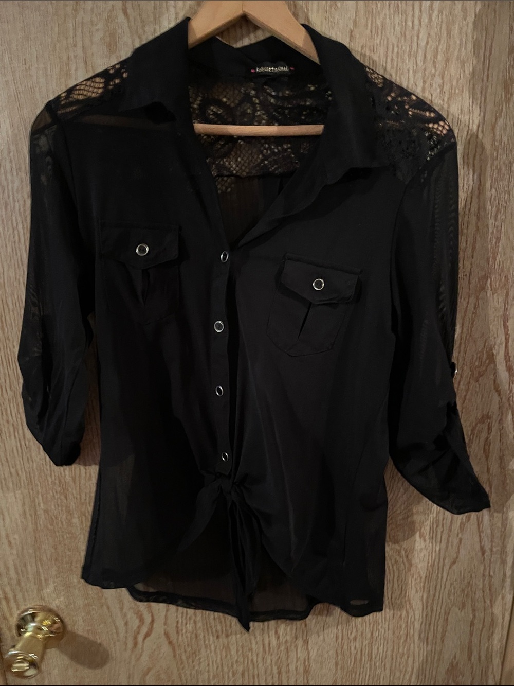 HeartSoul Black Sheer Lace Yoke Button-Front Tie Blouse